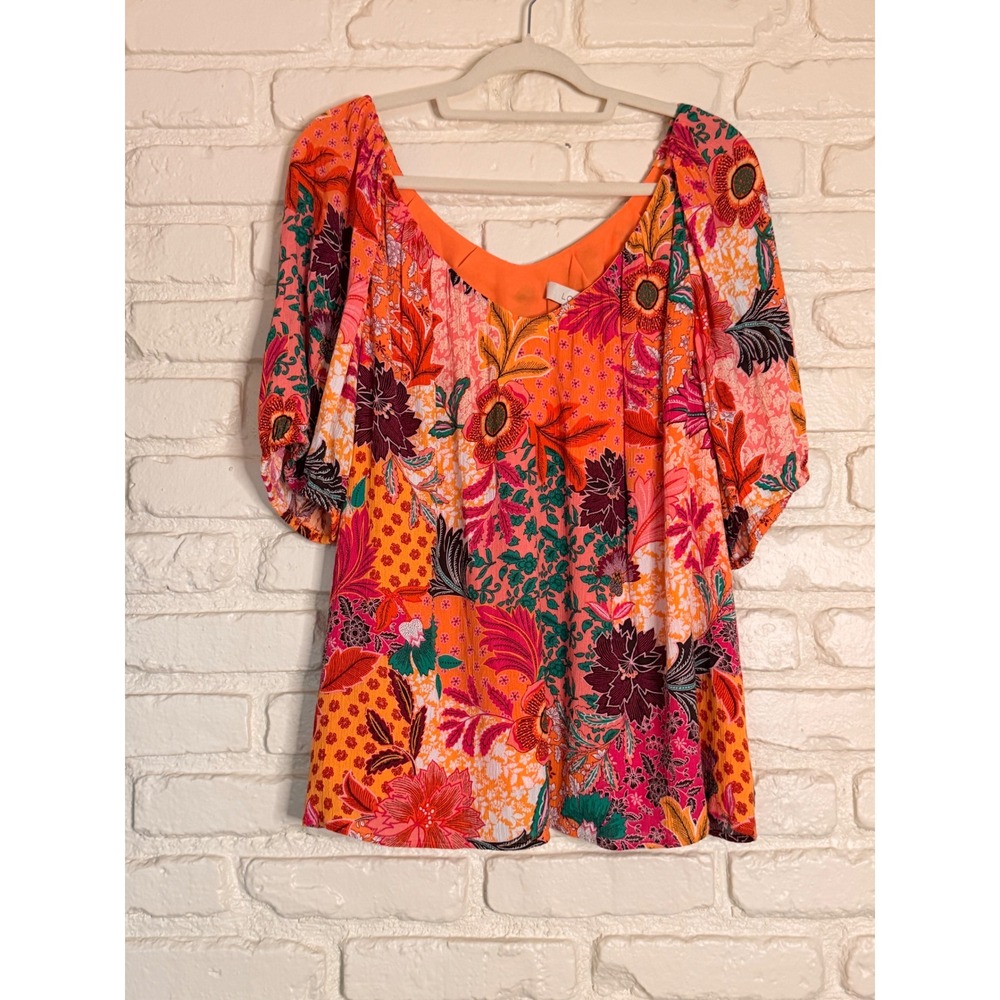 LOFT Cottagecore Floral Print Peasant Top Orange Pink Boho Blouse